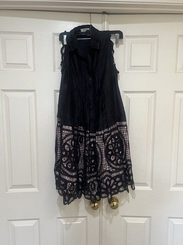 Abito midi camicia senza maniche Moschino economico e chic nero cotone e seta orlo pizzo 8