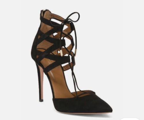 AQUAZZURA Belgravia Lattice CAGED Suede Pointed Toe Black Pumps 38.5 $800 NWOB
