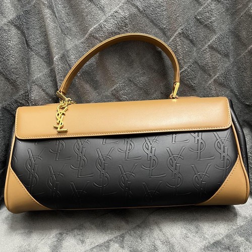 SAINT LAURENT (YSL) Borsa a mano originale Yves Saint Laurent logo in rilievo monogramma formale nero marrone GIAPPONE