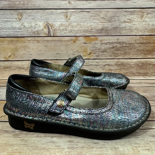 Alegria Women BEL 72 Silver Iridescent Metallic Stain Glass Mary Jane Shoes 6