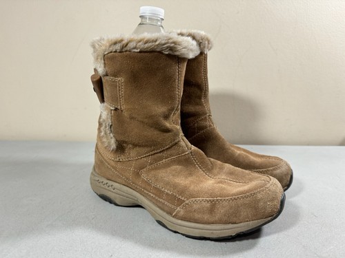 LI NING Easy Spirit women's tan suede pull on Julissa ankle boots with faux fur trim 6