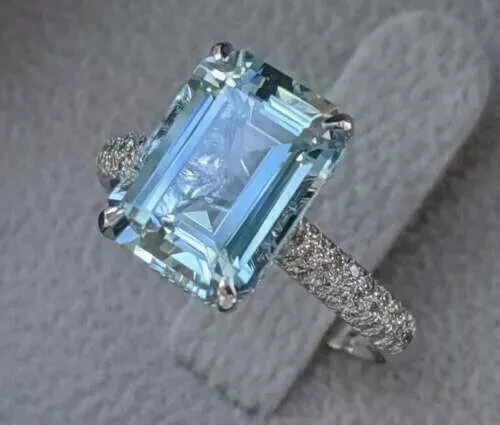 4CT Emerald Lab Created Aquamarine Women Halo Engagement Ring 925 Staling Silver