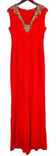 Alexander McQueen • Abito anteriore a fessura in seta rossa $6900 perline crepe taglia 44 EUC!!