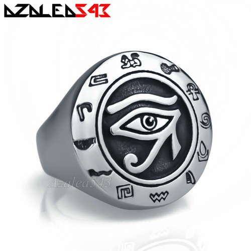 Men's Egyptian Eye of Ra Horus Udjat Silver Stainless Steel Cross of Life Ring