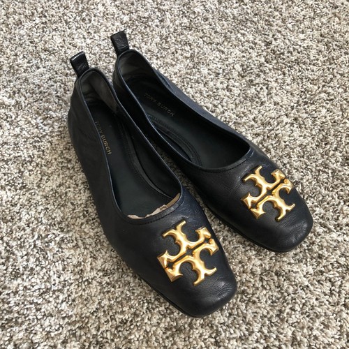 Tory Burch Eleanor Ballet Flat Nero Pelle Morbida Oro Ottone Simbolo Taglia 6 5M