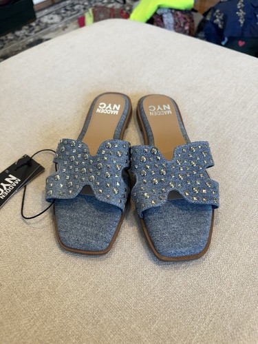 Sandali Steve Madden NYC Classic Flat Slide H  blu denim  borchie taglia 6  nuovi con etichette