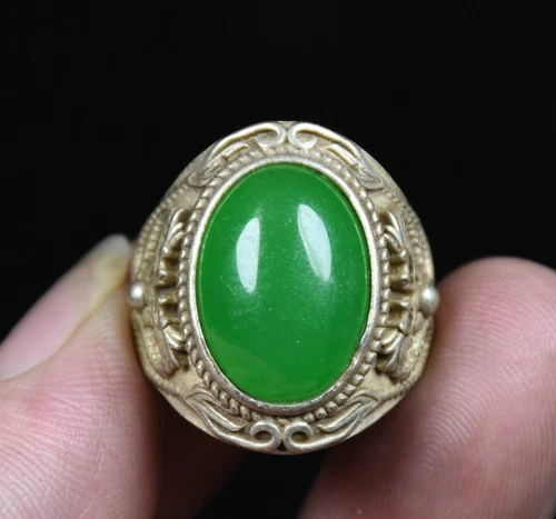 2.5Cm Old Miao Silver Green Jade Double Dragon Finger Jewelry Ring