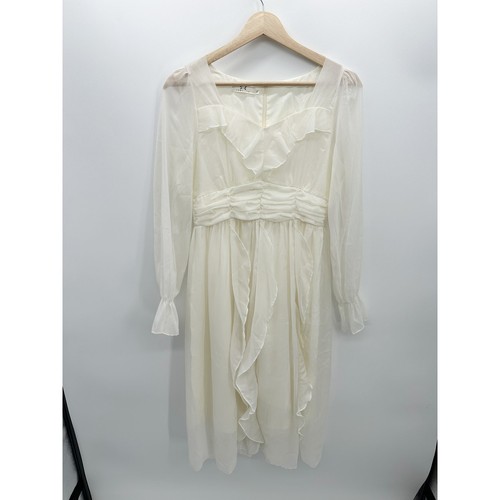 OFF WHITE Abito donna S.C Camelia piccolo bianco sporco manica lunga midi volant vittoriano