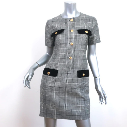 Mini abito Gucci manica corta finiture in velluto grigio glen a quadri taglia 38