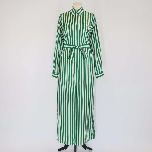 Vestito maxi camicia Prada verde bianco righe verticali con cintura manica lunga