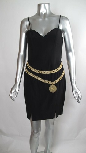 Abito a matita 100% originale vintage MOSCHINO COUTURE doppia catena oro su LBD 42 8