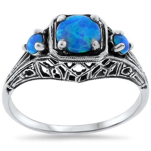 925 STERLING SILVER ANTIQUE STYLE LAB CREATED BLUE OPAL THREE STONE RING #251