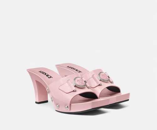 Versace 60 mm Medusa fibbia pelle verniciata zoccoli sandali tacco rosa Eu 37 US 7