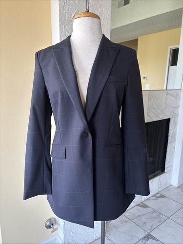 THEORY WOMEN ETIENNETTE NAVY BLUE WINDOWPANE STRETCH WOOL BLAZER JACKET 8