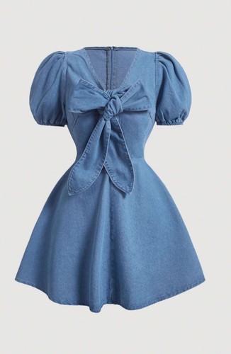 Abito in denim SHEIN MOD San Valentino manica a bolle con nodo a fiocco donna taglia L