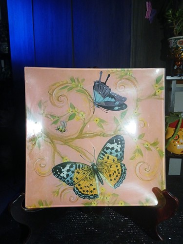 APROPOS Home Collection BUTTERFLY Glass Decorative Monarch Pink Square Plate