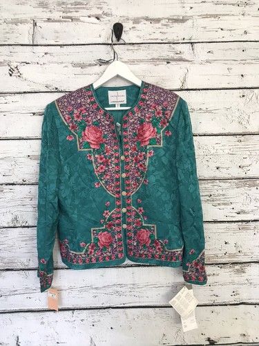 Giacca da donna vintage cassaforte in seta di Adrianna Papell taglia 16 stampa rosa inglese nuova con etichette