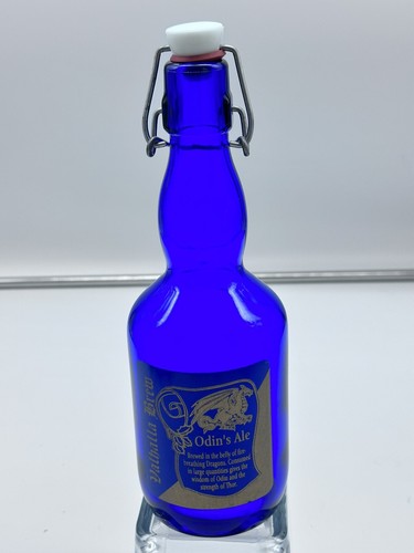 VALHALLA BREW ODIN'S ALE COBALT BLUE GLASS BOTTLE   STOPPER RARE DRAGON THOR HTF