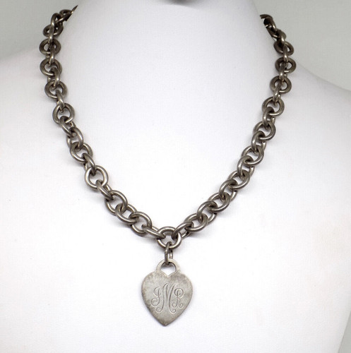 Tiffany & Co Sterling Silver Heart Tag Necklace Round LInk Chain Necklace~Mono