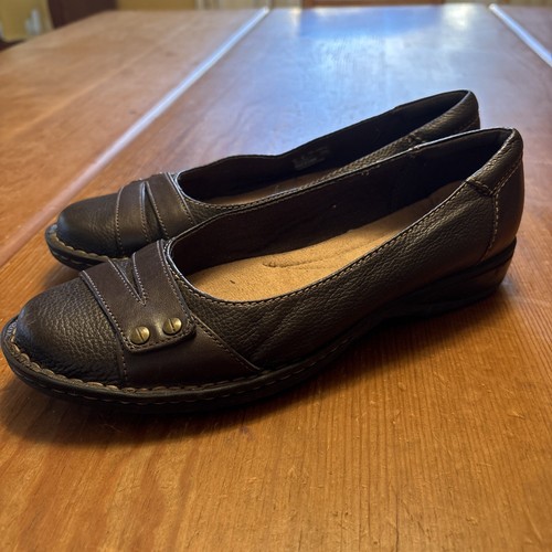 Clarks Collection Soft Cushion Women’s Slip On Loafer Leather Shoes Sz 8M Brown