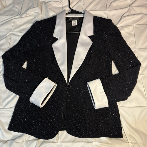 ALEX Evenings Black Shimmery Dressy Lightweight luxueux blazer Full Zip Siz S