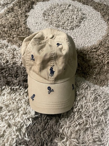 Polo Ralph Lauren Skull Crossbones All Over Baseball Hat Cap Tan O/S Adjustable
