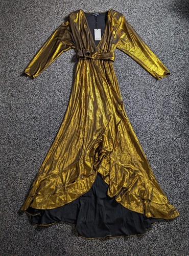 RETROFÊTE Retrofete Maxi Dress XS Metallic Gold Plunge Plisse Pleated Flared Hem RRP€810