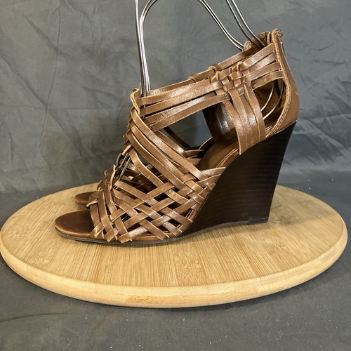 Sandali Tory Burch Nadia tacco a zeppa donna 9M marroni tessuti in pelle scarpe posteriori con cerniera