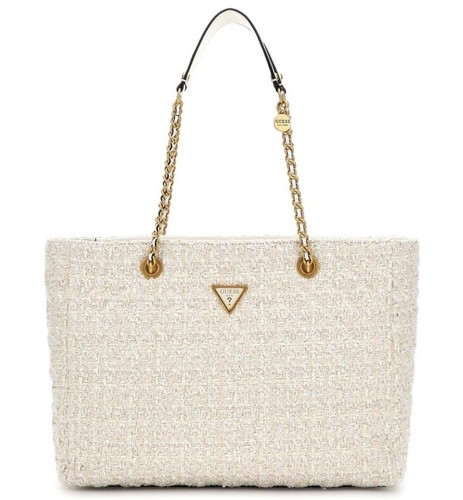 BORSA A TRACOLLA GUESS GIULLY GRANDE IN TWEED AVORIO E CREMA NUOVA
