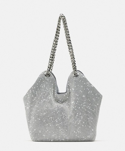 ZARA NUOVA DONNA SS23 ARGENTO MINI TOTE BAG CON STRASS REF:6341 110 OFFERTA