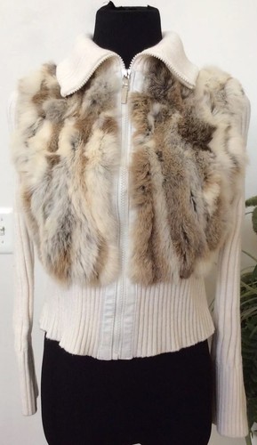 OFF WHITE Jennyfer J pelliccia di coniglio zip maglia panna cardigan maglione giacca S us intime ottimeioni! condiz Prezzoliato cons