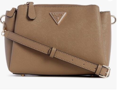 GUESS Noelle triple compartment faux leather small crossbody bag   Dark Taupe