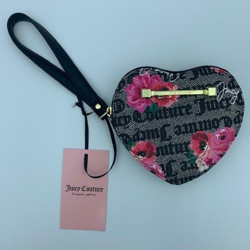 Portamonete Juicy Couture da polso a forma di cuore nero grigio floreale nuovo