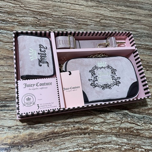 Borsa Juicy Couture rosa chiaro velluto Heritage borsa a tracolla porta carte portafoglio