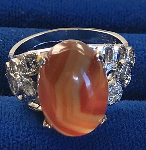 STERLING FILIGREE Ring BANDED ORANGE CABOCHON Size 7