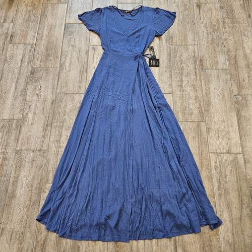 Abito Lulus donna taglia M cuore di calendula denim blu avvolgente maxi manica corta NUOVO