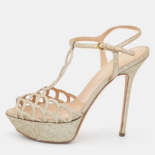 Sandali con plateau taglio laser Sergio Rossi oro glitter taglia 40
