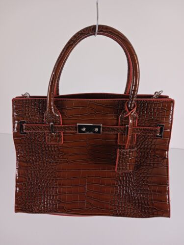 Nine West Vegan Leather Alligator Handbag Purse Brown Double Handles Crossbody