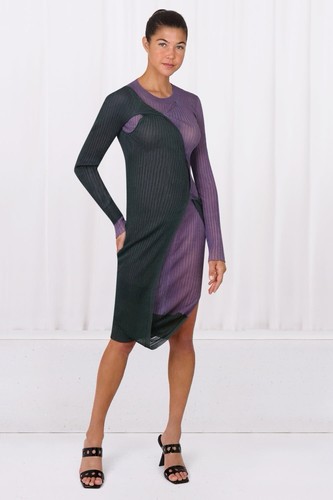 Abito BOTTEGA VENETA verde viola taglia 2 maglia seta a costine ritaglio dettaglio twist nuovo con etichette