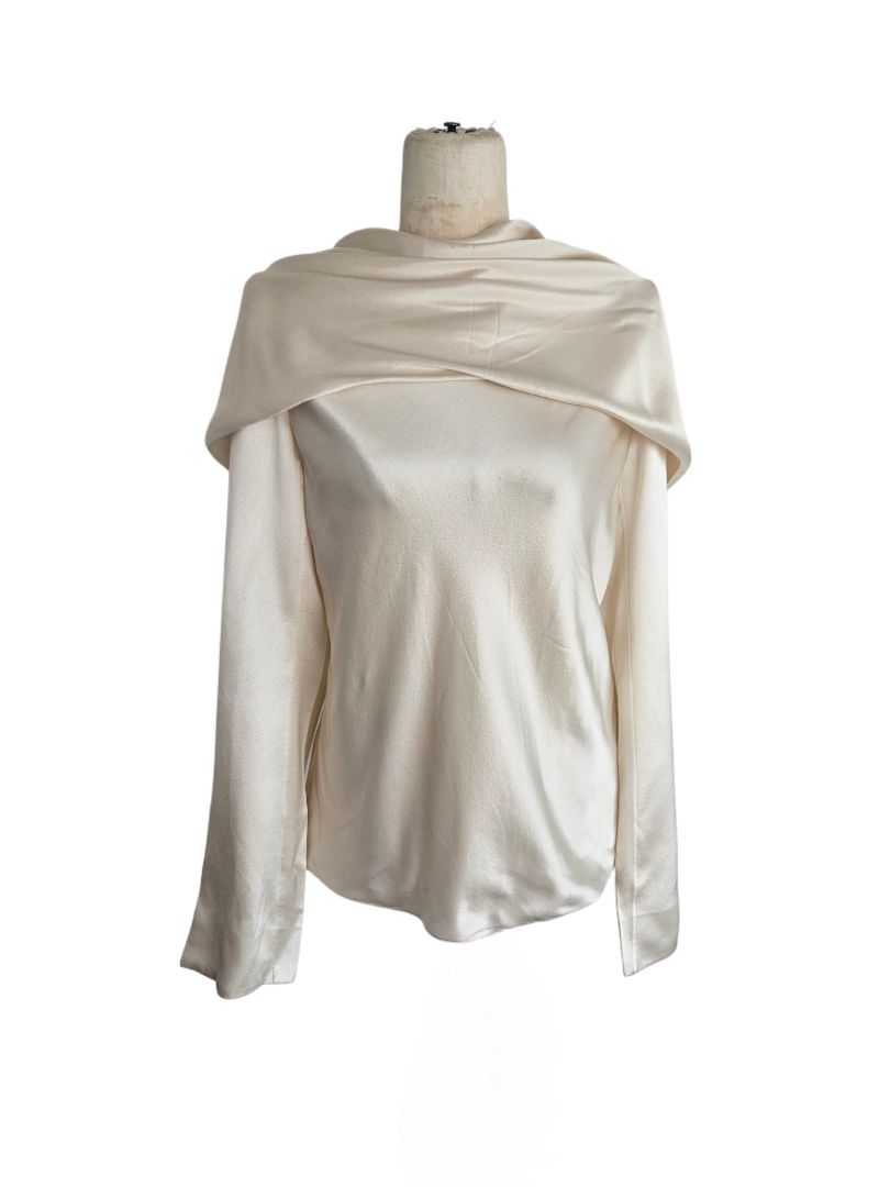 Saint Laurent Cream Silky Drape Padded Shoulder Top cowl back silk blouse