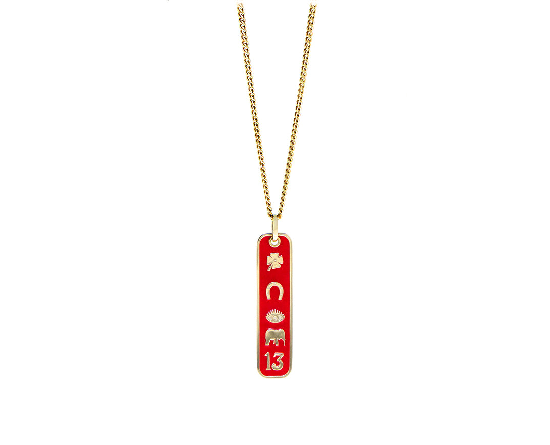 BODES & BODE Yellow gold necklace with a decorated enamel tag pendant
