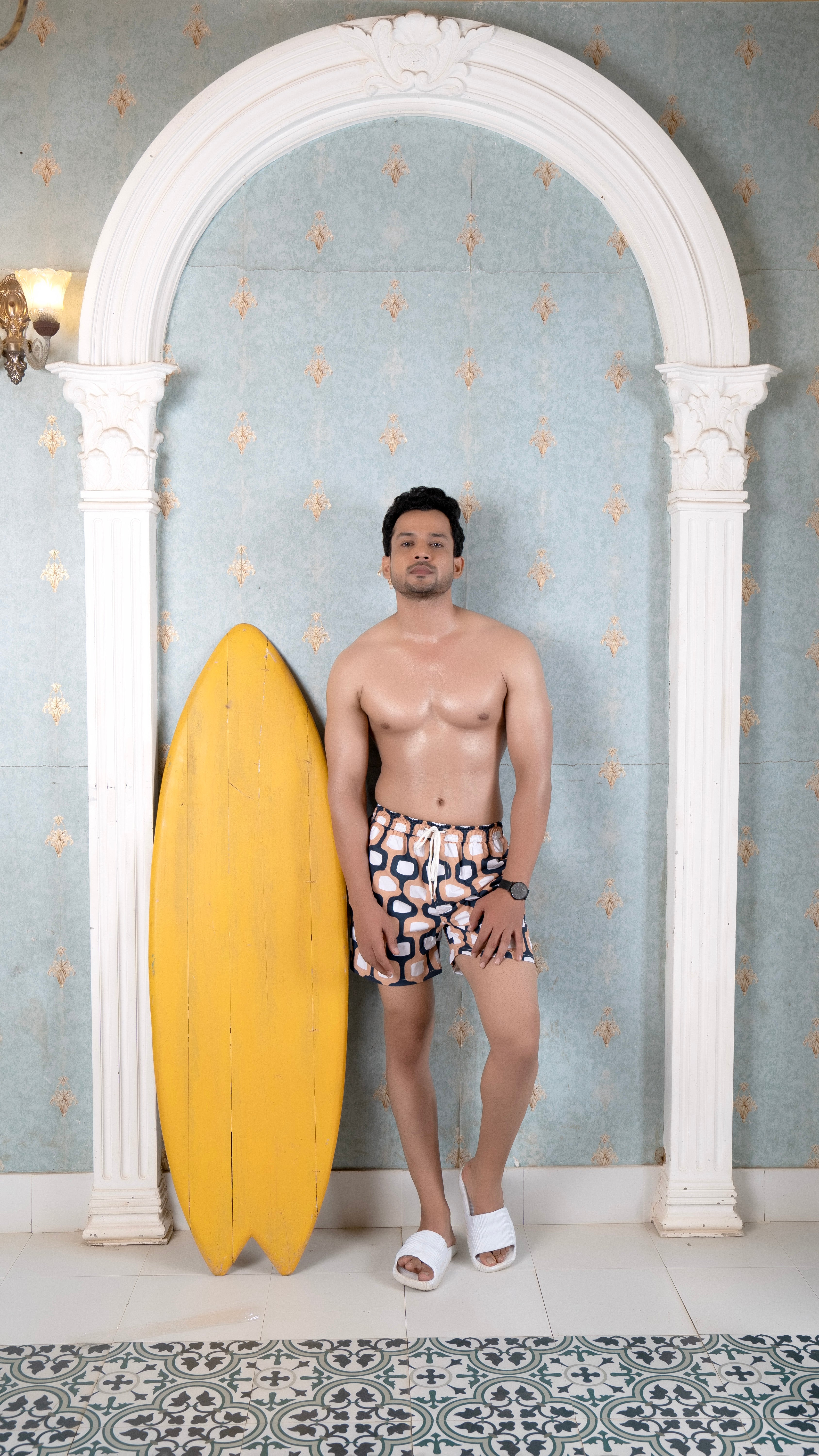 NOROKE Nude Patterned Men Swim Shorts