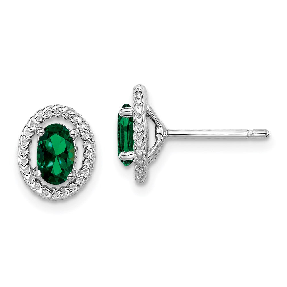 2864 Sterling Silver Rhodium plated Created Emerald Oval Stud Earrings