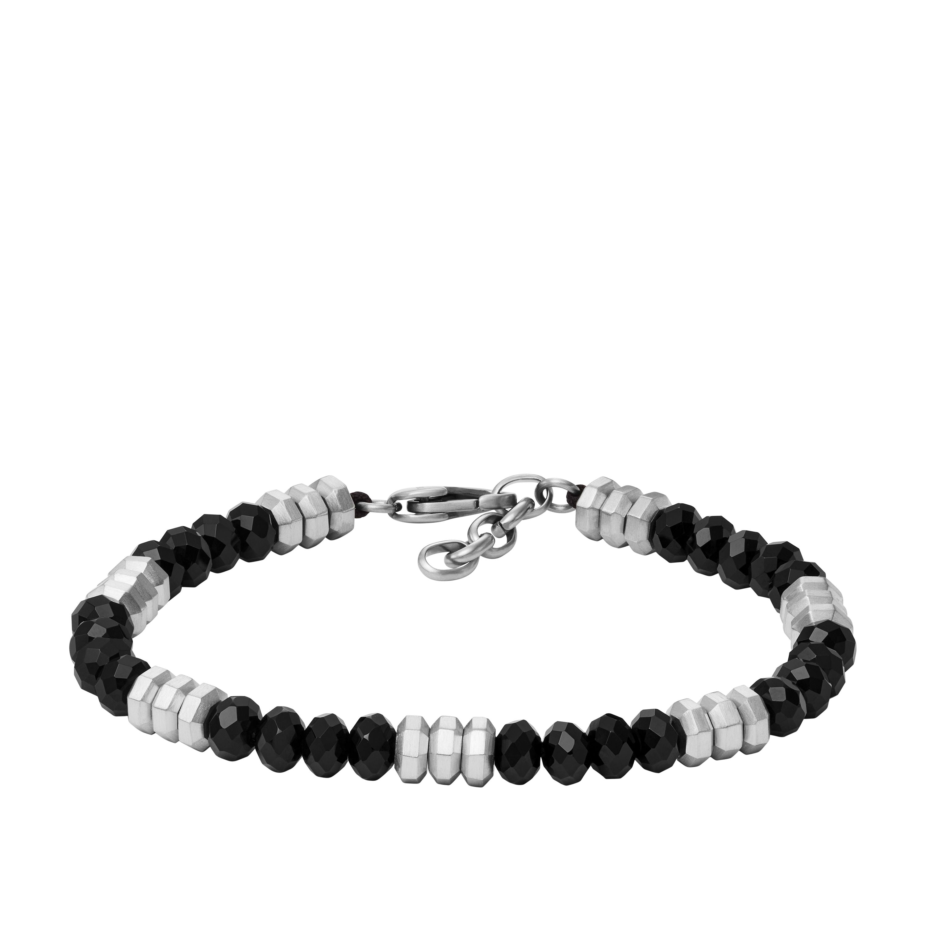 2147 Fossil Men's All Stacked Up Black Agate Beaded Bracelet
