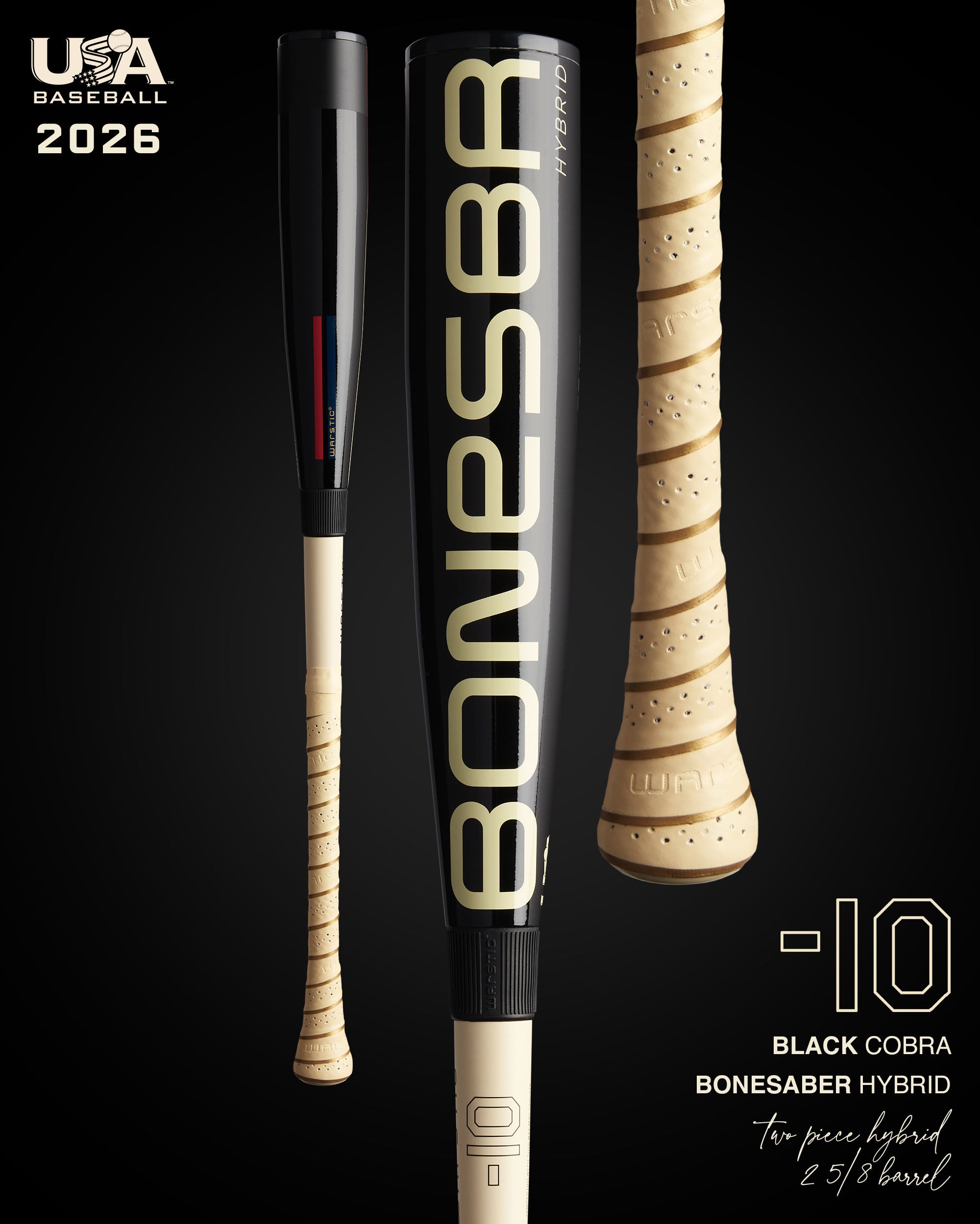 WARSTIC SPORTS, INC 2026 BONESABER HYBRID BLACK COBRA EDITION USA METAL BASEBALL BAT  10