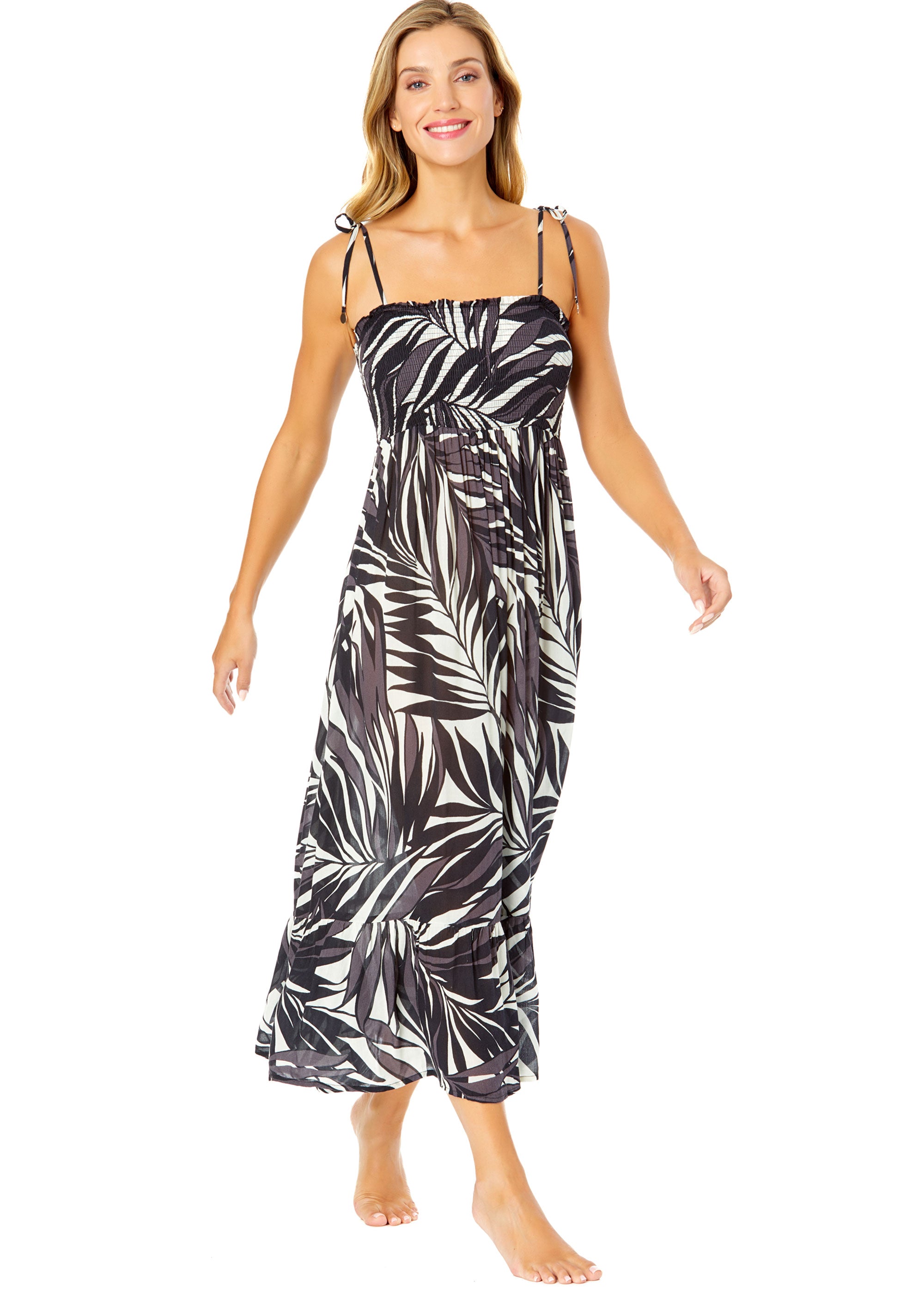 ANNE COLE Women's Palm Chic Smocked Shoulder Tie Dress Cover Up