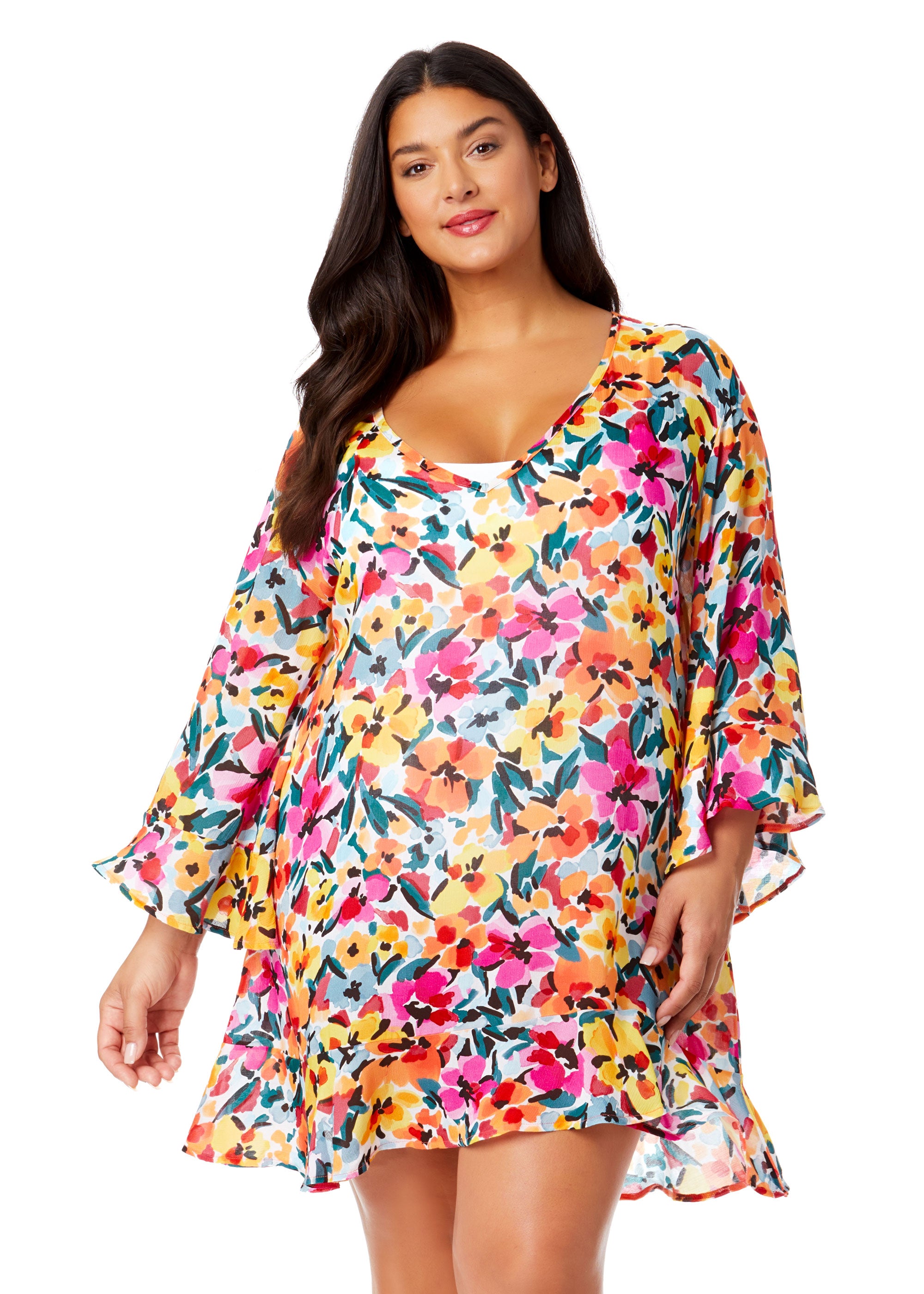 ANNE COLE PLUS Women's Plus Gradient Floral Flounce V Neck Tunic Swimsuit Cover Up