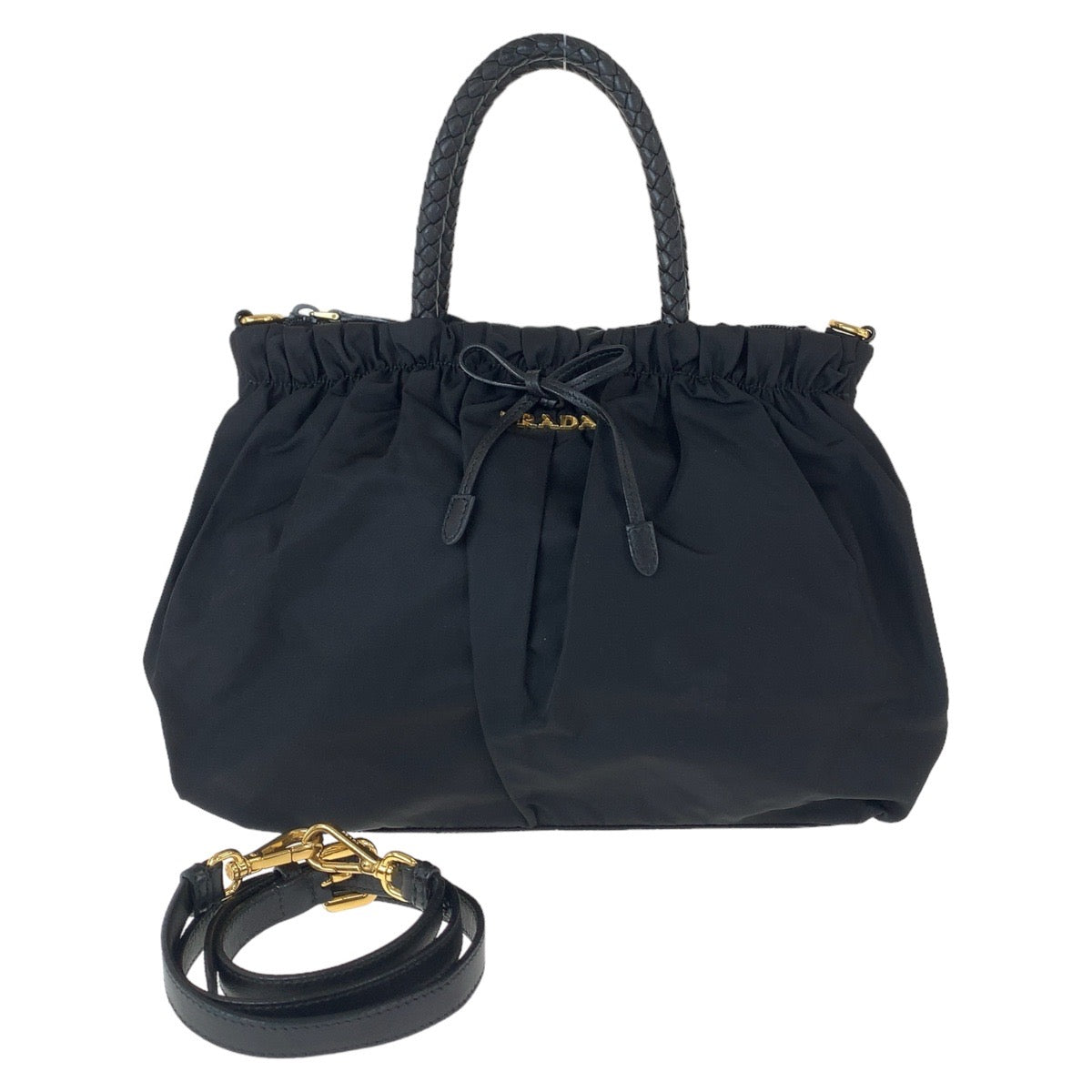 2604 Prada Nylon Leather Black Gold Tote Bag