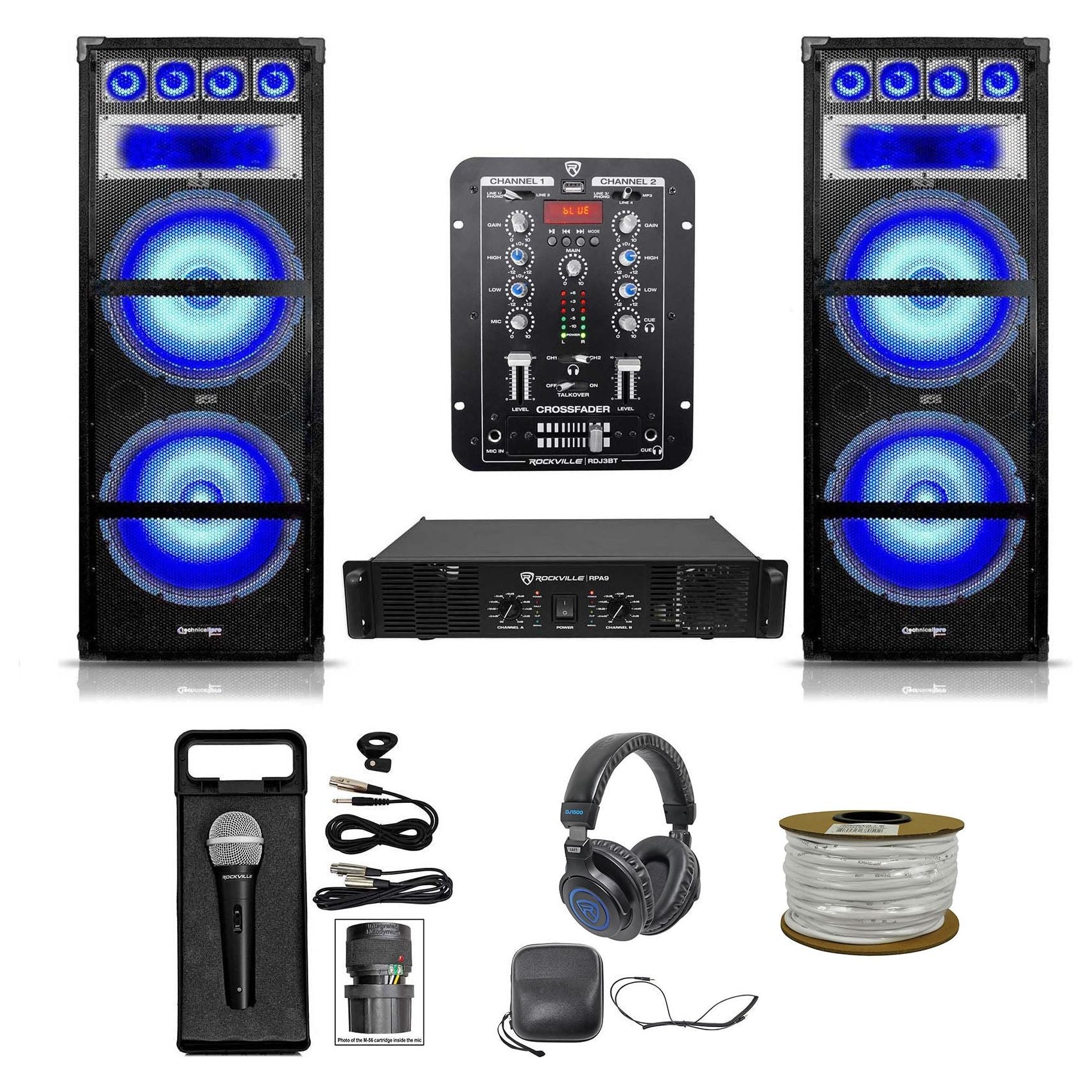 TECHNICAL PRO DJ Package w/ (2) Dual 15" 1800 Watt LED Speakers+Amplifier+Mixer+Mic+Headphones