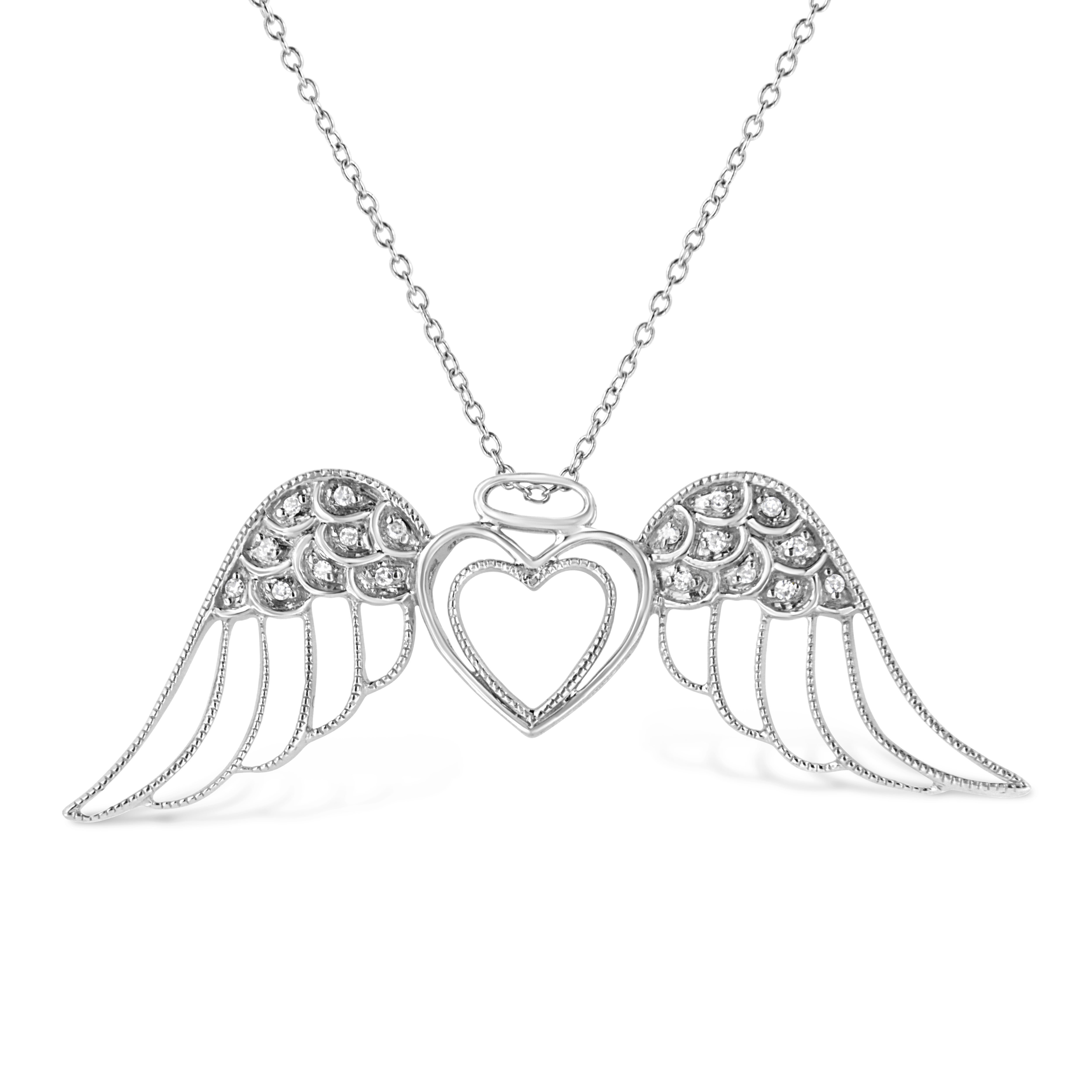 2870 .925 Sterling Silver Pave Set Diamond Accent Angel Wing 18" Double Heart Pendant Necklace